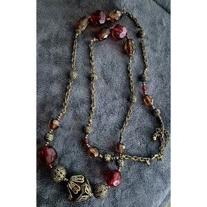 Vtg Avon Nr Antique Gold Tone Chain  Filigree Acrylic Red  Brown Beads Necklace